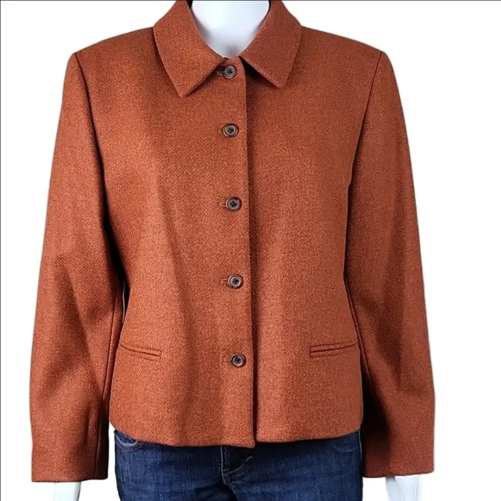Lands End 100% Wool Tweed Burnt Orange Button Front Jacket Blazer